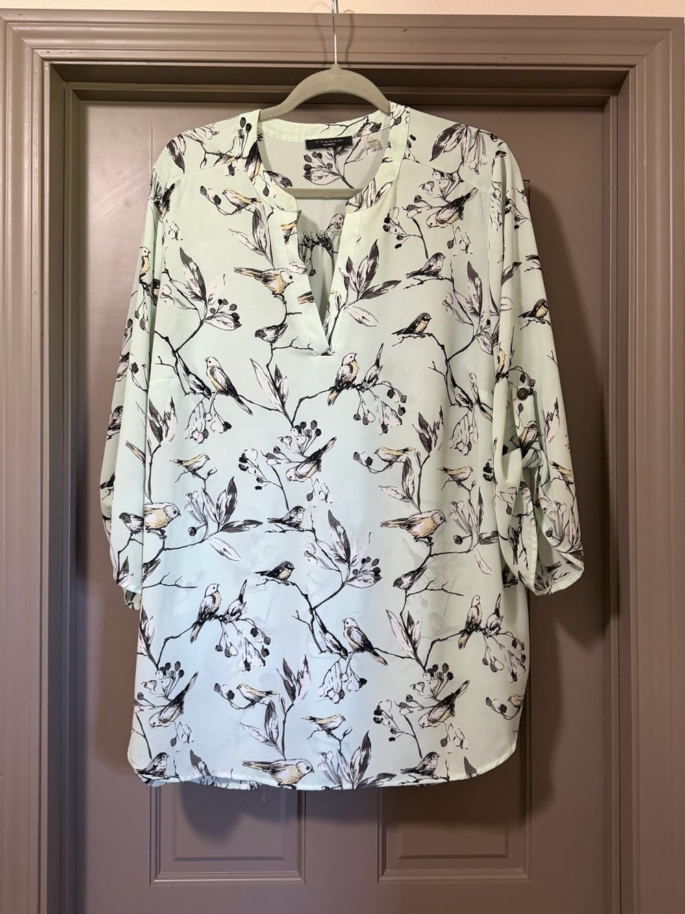 T Tahari Mint Green Bird Print Tunic Blouse plus size 1X